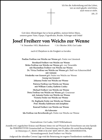 Traueranzeige von Josef  Freiherr von Weichs zur Wenne von Westfalen-Blatt