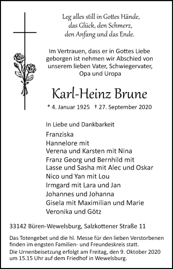 Traueranzeige von Karl-Heinz Brune von Westfalen-Blatt