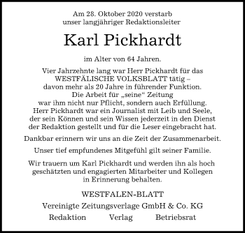 Traueranzeige von Karl Pickhardt von Westfalen-Blatt