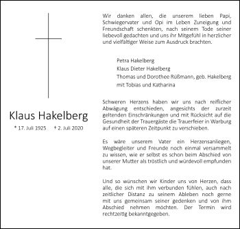 Traueranzeige von Klaus Hakelberg von Westfalen-Blatt