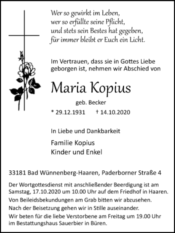 Traueranzeige von Maria Kopius von Westfalen-Blatt