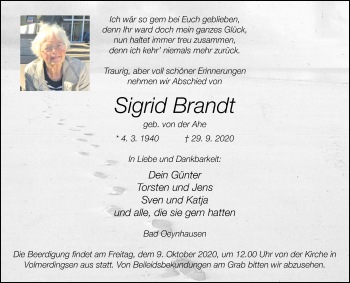 Traueranzeige von Sigrid Brandt von Westfalen-Blatt