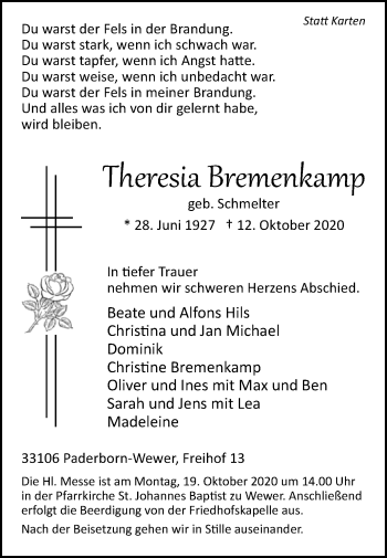 Traueranzeige von Theresia Bremenkamp von Westfalen-Blatt