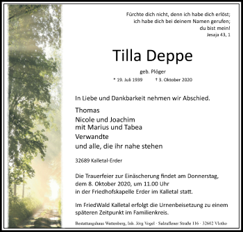 Traueranzeige von Tilla Deppe von Westfalen-Blatt