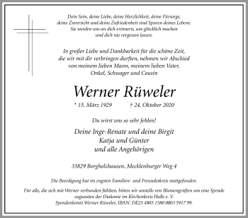 Traueranzeige von Werner Rüweler von Westfalen-Blatt