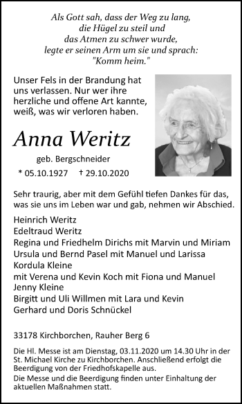 Traueranzeige von Anna Weritz von Westfalen-Blatt