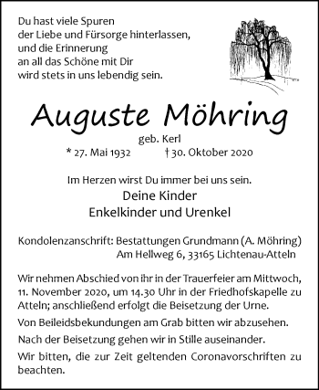 Traueranzeige von Auguste Möhring von Westfalen-Blatt