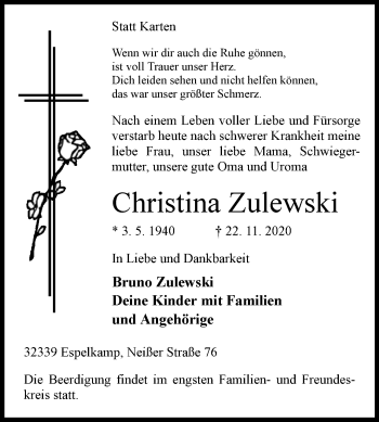 Traueranzeige von Christina Zulewski von Westfalen-Blatt