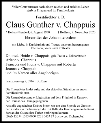 Traueranzeige von Claus Gunther v. Chappuis von Westfalen-Blatt