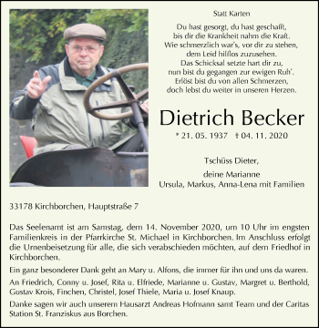 Traueranzeige von Dietrich Becker von Westfalen-Blatt