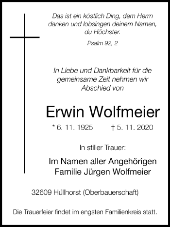 Traueranzeige von Erwin Wolfmeier von Westfalen-Blatt