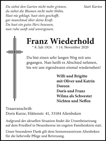 Traueranzeige von Franz Wiederhold von Westfalen-Blatt