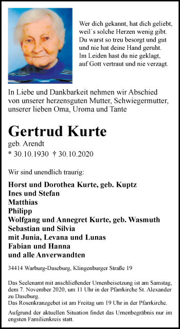 Traueranzeige von Gertrud Kurte von Westfalen-Blatt