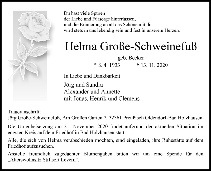 Traueranzeigen Von Helma Grosse Schweinefuss Www Westfalen Blatt De