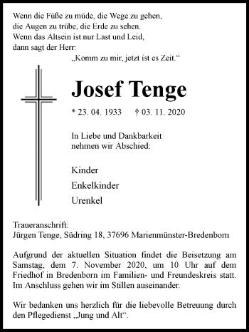 Traueranzeige von Josef Tenge von Westfalen-Blatt