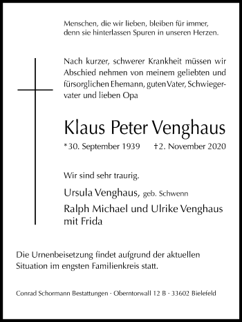 Traueranzeige von Klaus Peter Venghaus von Westfalen-Blatt