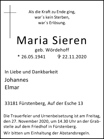 Traueranzeige von Maria Sieren von Westfalen-Blatt