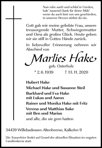 Traueranzeige von Marlies Hake von Westfalen-Blatt