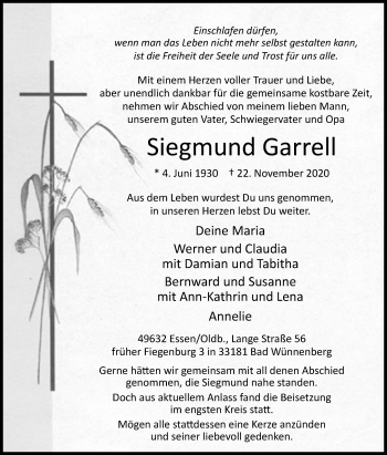 Traueranzeige von Siegmund Garrell von Westfalen-Blatt