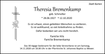 Traueranzeige von Theresia Bremenkamp von Westfalen-Blatt