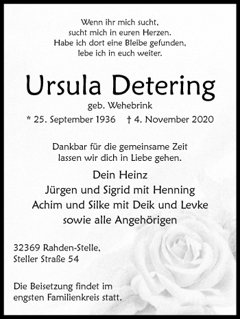 Traueranzeige von Ursula Detering von Westfalen-Blatt