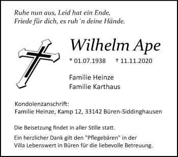 Traueranzeige von Wilhelm Ape von Westfalen-Blatt