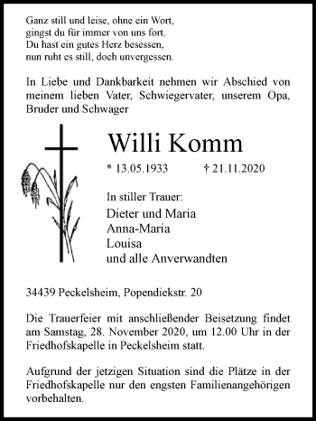 Traueranzeige von Willi Komm von Westfalen-Blatt