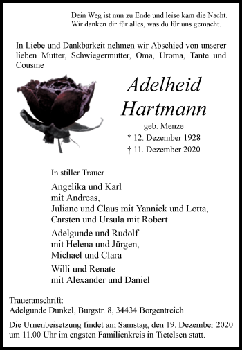 Traueranzeige von Adelheid Hartmann von Westfalen-Blatt