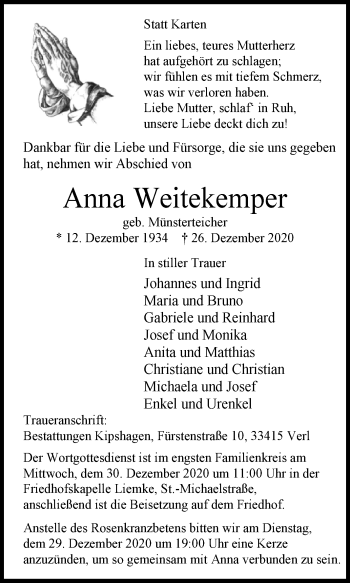 Traueranzeige von Anna Weitekemper von Westfalen-Blatt