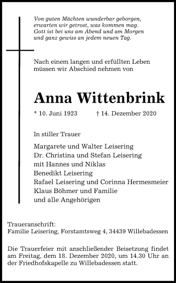 Traueranzeige von Anna Wittenbrink von Westfalen-Blatt