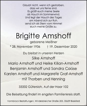 Traueranzeige von Brigitte Amshoff von Westfalen-Blatt