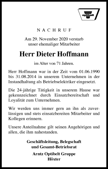 Traueranzeige von Dieter Hoffmann von Westfalen-Blatt