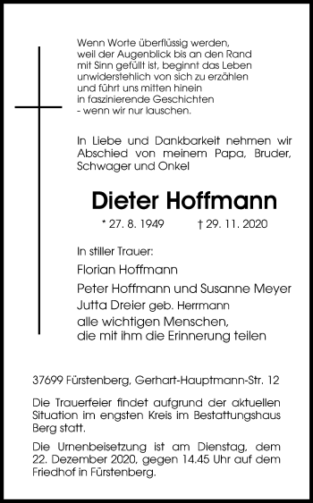 Traueranzeige von Dieter Hoffmann von Westfalen-Blatt