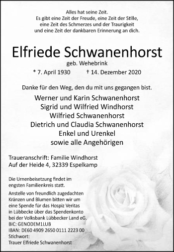 Traueranzeige von Elfriede Schwanenhorst von Westfalen-Blatt