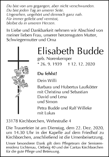 Traueranzeige von Elisabeth Budde von Westfalen-Blatt