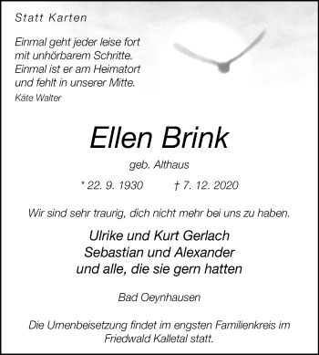 Traueranzeige von Ellen Brink von Westfalen-Blatt