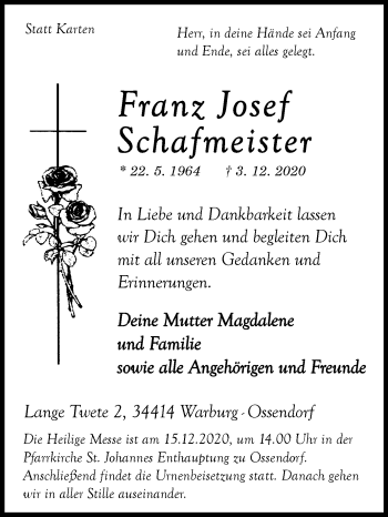 Traueranzeige von Franz Josef Schafmeister von Westfalen-Blatt