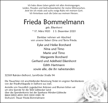 Traueranzeige von Frieda Bommelmann von Westfalen-Blatt