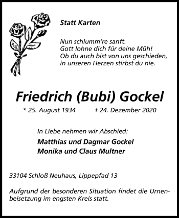 Traueranzeige von Friedrich Gockel von Westfalen-Blatt