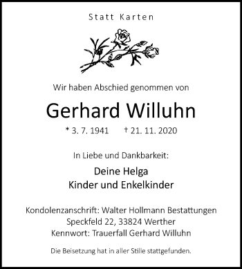 Traueranzeige von Gerhard Willuhn von Westfalen-Blatt