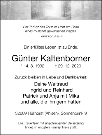 Traueranzeige von Günter Kaltenborner von Westfalen-Blatt