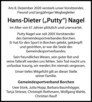 Traueranzeige von Hans-Dieter Nagel von Westfalen-Blatt