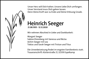 Traueranzeige von Heinrich Seeger von Westfalen-Blatt