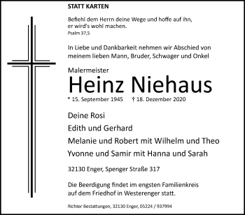 Traueranzeige von Heinz Niehaus von Westfalen-Blatt