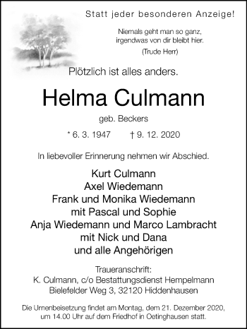 Traueranzeige von Helma Culmann von Westfalen-Blatt