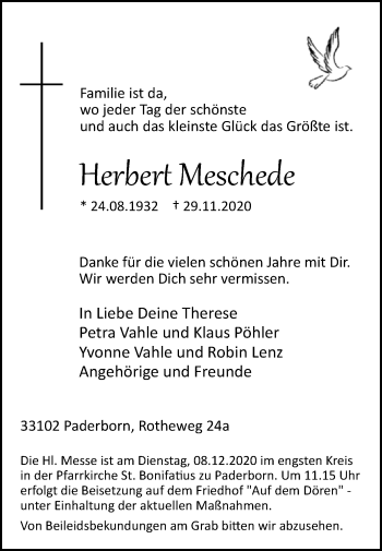 Traueranzeige von Herbert Meschede von Westfalen-Blatt