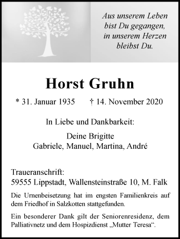 Traueranzeige von Horst Gruhn von Westfalen-Blatt