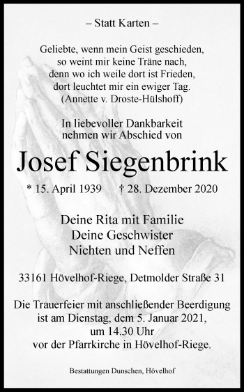 Traueranzeige von Josef Siegenbrink von Westfalen-Blatt