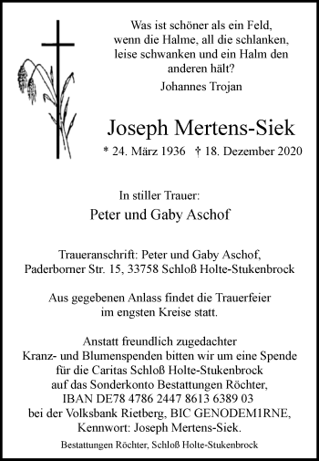 Traueranzeige von Joseph Mertens-Siek von Westfalen-Blatt