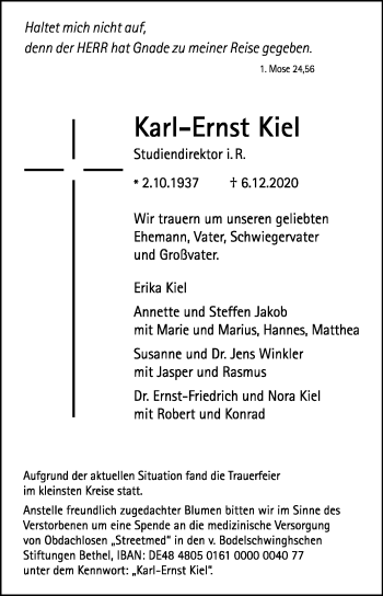 Traueranzeige von Karl-Ernst Kiel von Westfalen-Blatt